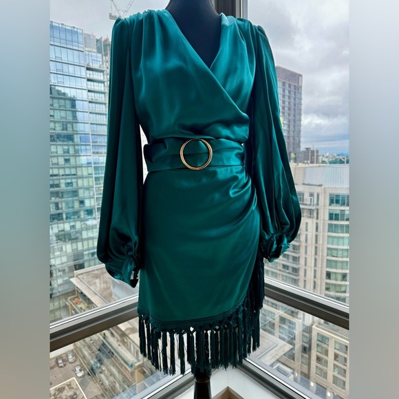 🆕 BRONX & BANCO 🧿 NWOT Monica Long Sleeve Satin Wrap Dress, Fringed Hem - Picture 10 of 16
